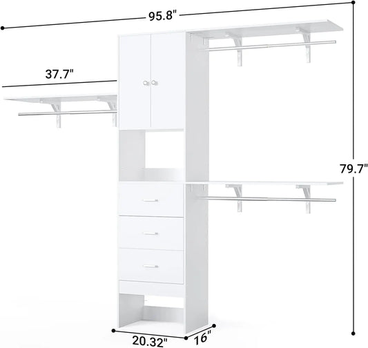 96 Inches Walk In Closet System with Doors & 3 Shelving Towers, Heavy Duty Clothes Garment Rack with 3 Wood Drawers