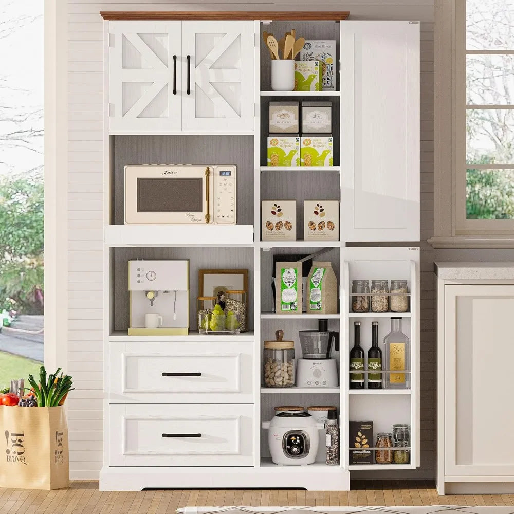 Farmhouse Kitchen Pantry Cabinet, Hutch, Tall Food Pantry Cabinet with Storage Drawers
