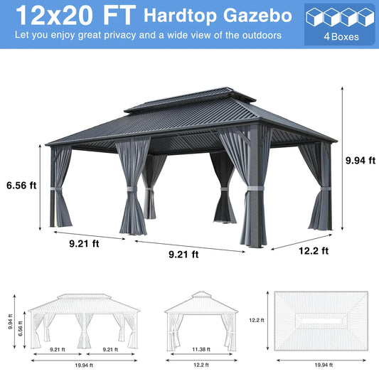 10x12~12x20FT Hardtop Gazebo Aluminum Frame Galvanized Steel Roof w/ Netting Curtain All Weather for Backyard Patio Garden