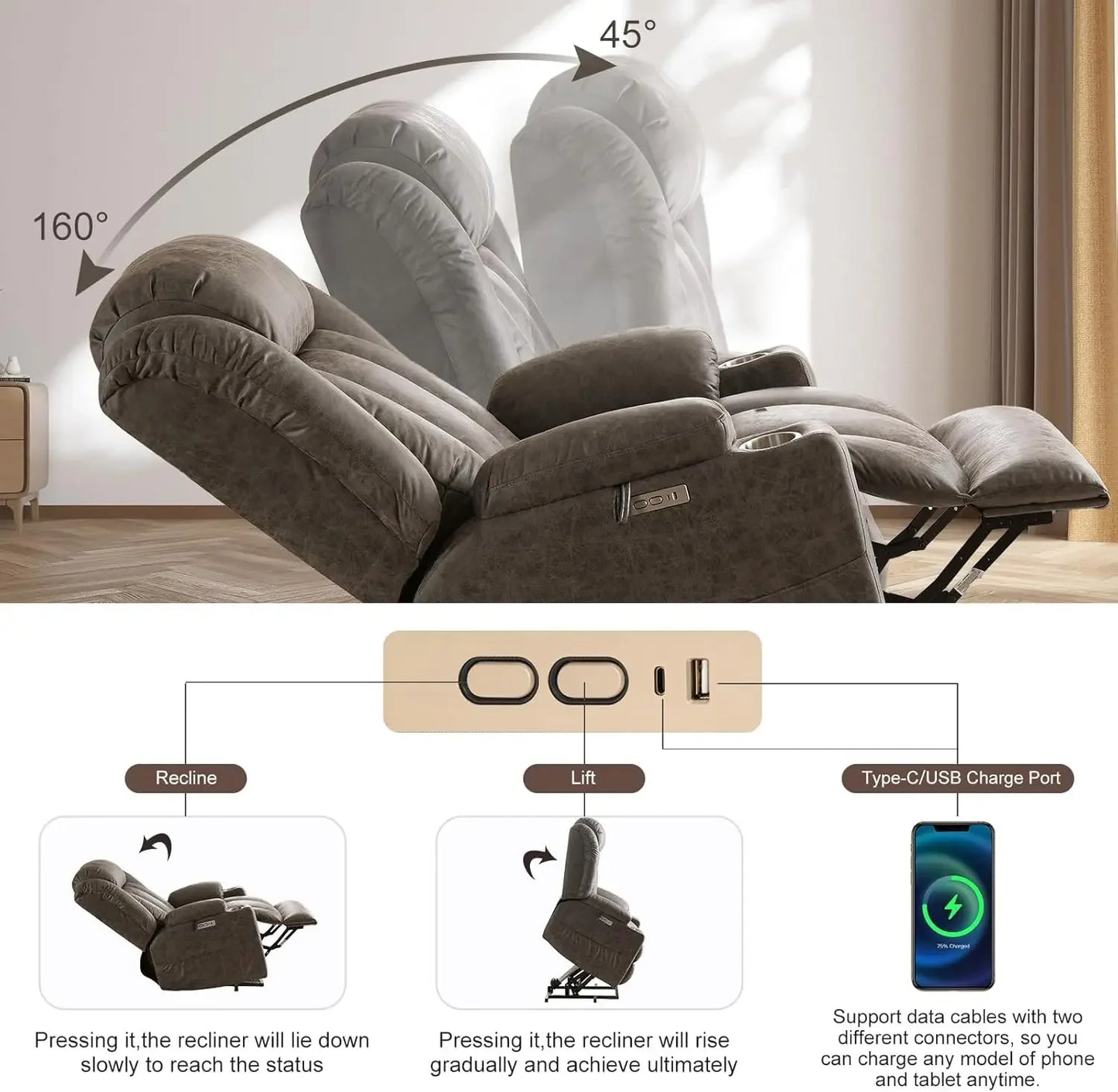 NEW Oversized Power Lift Recliner Chair with Massage and Heat for Elderly, Overstuffed Wide Recliners, Breathable Leather Lift