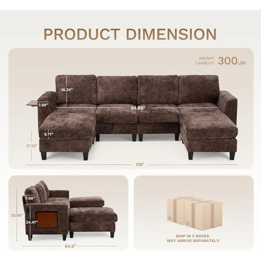 118" U-Shaped Sectional Couch, 4-Seat Modular Sofa with 2 Ottomans and Foldable Side Table
