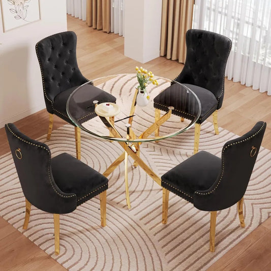 Glass Dining Table Set, 5-Piece Round Tempered Glass Kitchen Table Set with 4 Velvet Upholstered Dining Chairs