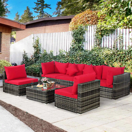 7PCS Patio, Rattan Furniture Set Sectional Sofa, Red Cushion