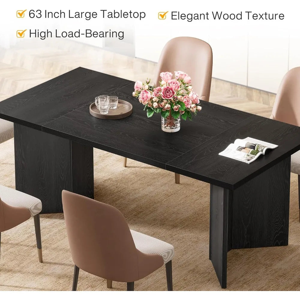63-Inch Dining Table, Large Kitchen Table with Thickened Wood Base, Rectangular Wooden Table