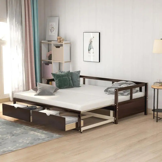 Wooden Daybed with Trundle and 2 Storage Drawers, Expandable Bed/Sofa for Bedroom or Living Room, Espresso Finish