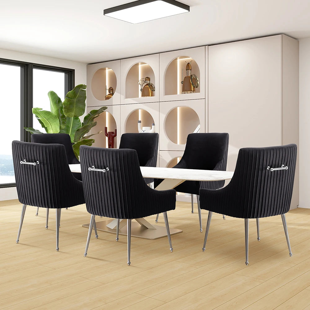 Modern Velvet Pleated Finish Back Dining Chair Set of 6 with Rear Handle