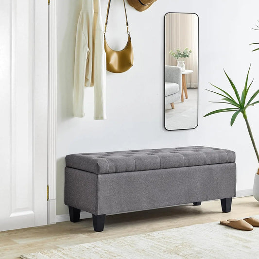 42'' Storage Ottoman Bench, Tufted Entryway Bedroom Bench Footrest Stool w/ Flipping Lid Safety Hinge 66 L Storage Space