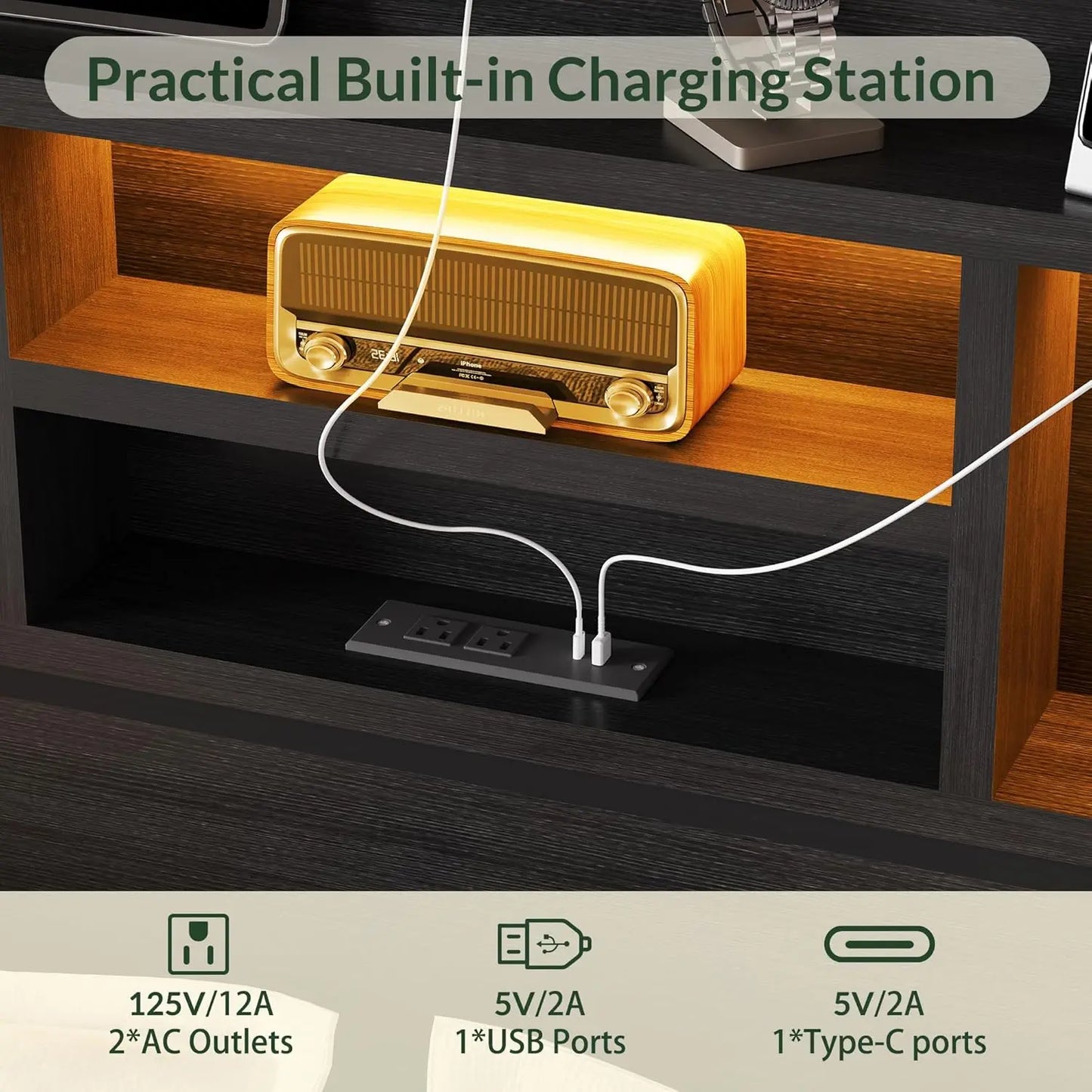 Queen Size Wooden Bed Frame with 6 Drawers, Headboard, LED Lights & Charging Station, No Box Spring Needed,