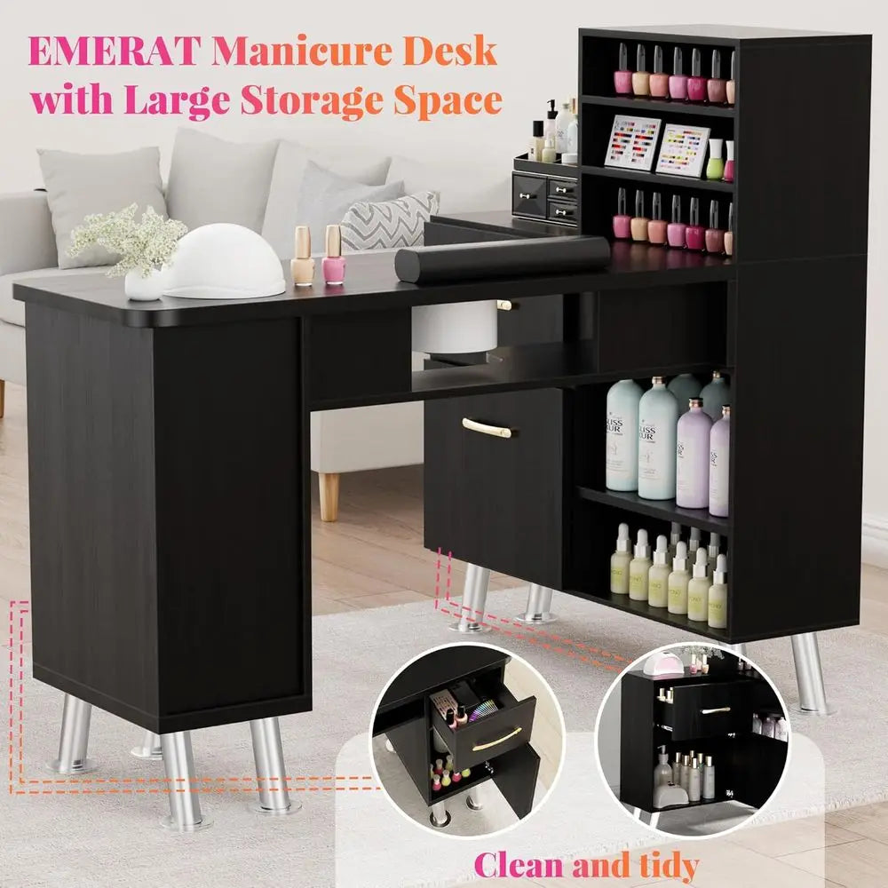 L-Shaped Manicure Desk with Dust Collection, Storage, and Wrist Rest - Black Nail Technician Workstation