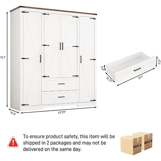 Wardrobe Armoire Closet with Doors and Drawers, Farmhouse Wooden Armoire Storage Cabinet with Shelves & Hanging Rod