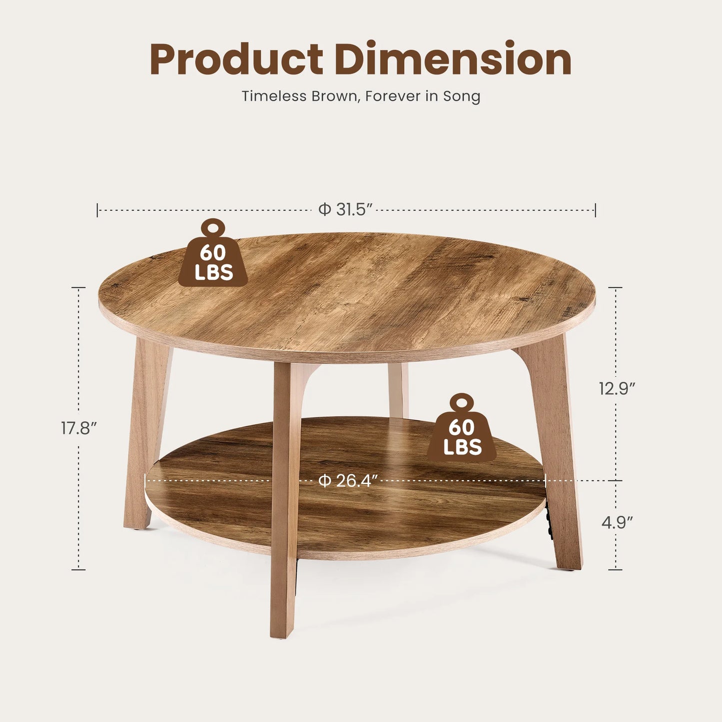 32IN Wood Round Coffee Table 2-Tier Center Counter with Storage 50 lbs Capacity