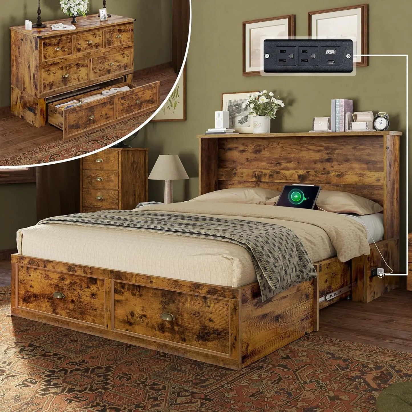 Queen Size Murphy Bed, Farmhouse Wooden Cabinet, and Storage Drawer for Bedroom/Office/Guest Room