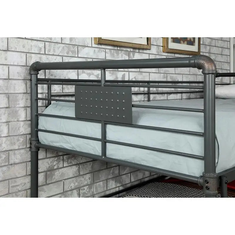 Industrial Style Metal Bunk Bed Twin Over Full Over Queen with Guard Rails and Curved Ladder, Antique Black Finish