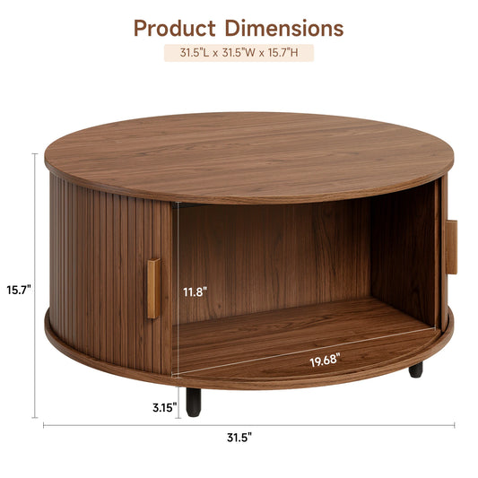 Round Coffee Table with Storage,31.5" Modern Coffee Table with Coffee Table with Sliding Doors