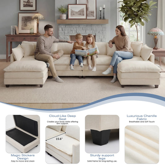 113.4" Modular Sectional Sofa with Ottoman, Couch with Deep Seat (23.6" D), Solid Wood Frame