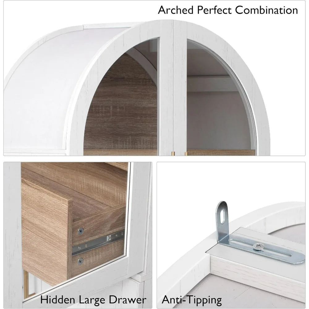 Farmhouse-Style Arched Pantry Cabinet with Glass Doors, Hidden Drawer, and Adjustable Shelves for Kitchen
