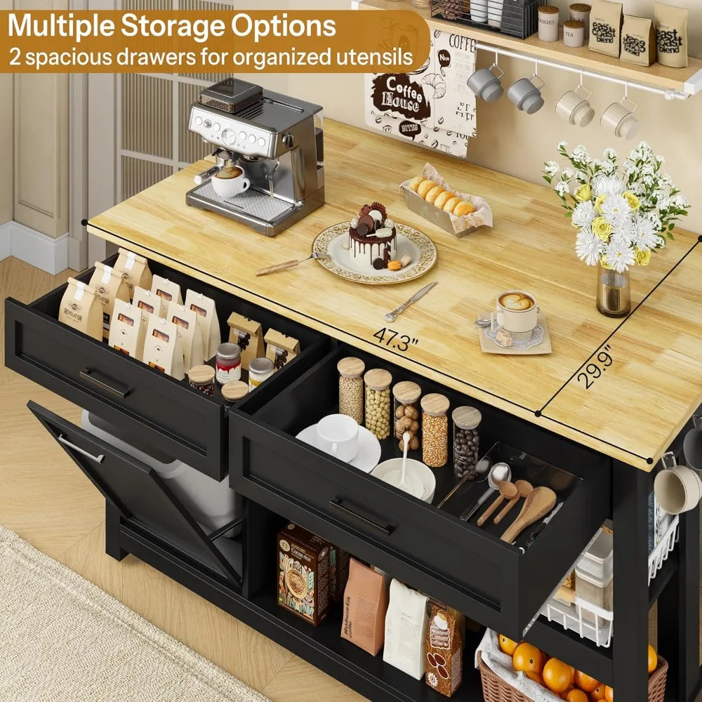 47" Kitchen Island with Storage, Seating - Includes 2 Bar Stools, Trash Can Cabinet, Drawers & Shelves