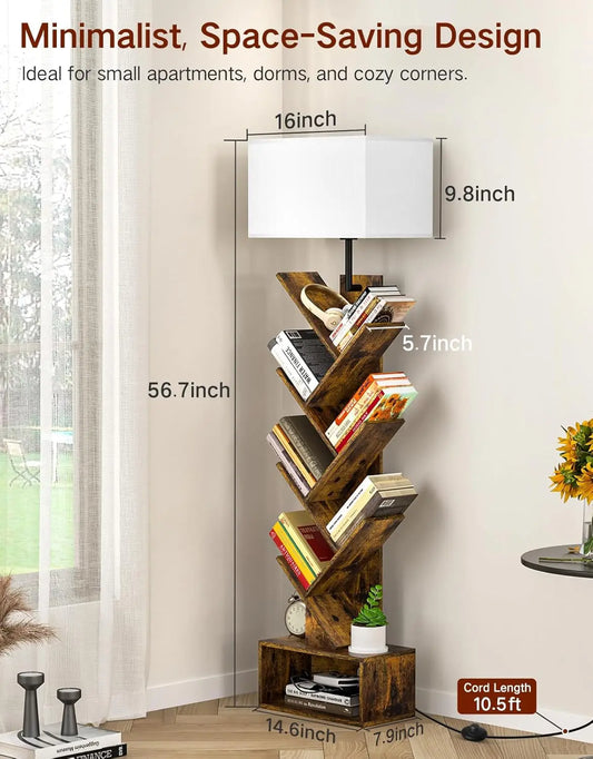 6-Tier Tall Rustic Bookshelf with Light, Remote & Timer, Modern Narrow Wood Floor Bookcase for Living Room