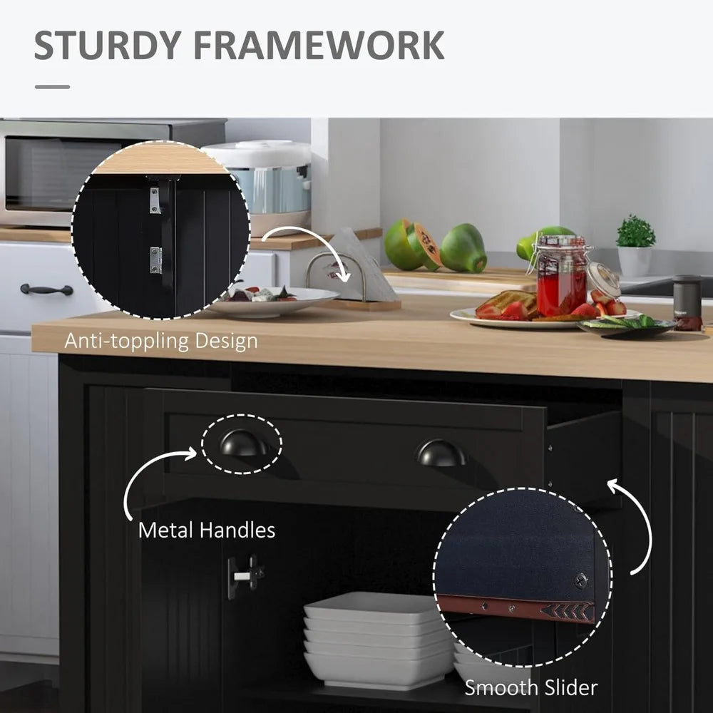 Fluted Wooden Kitchen Island with Drop Leaf, Drawer, and Open Shelves for Countertop Storage