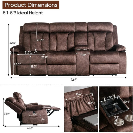 Sofa ,Reclining Couch with Massage, Heat & Cup Holders–Dutch Velvet Power Reclining Sofa with USB/Type-C Ports, S