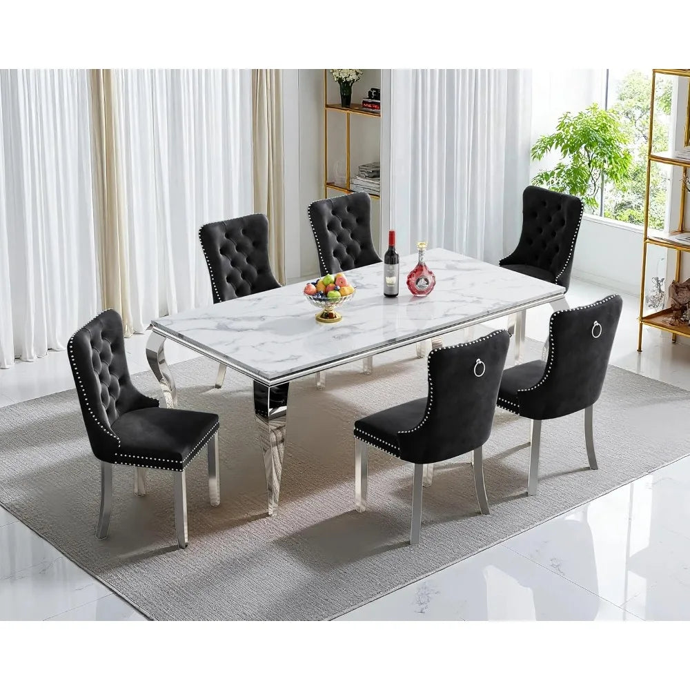 70'' Faux Marble Dining Table with Stainless Steel Legs, Silver and White Dining Room Table for 4-8,