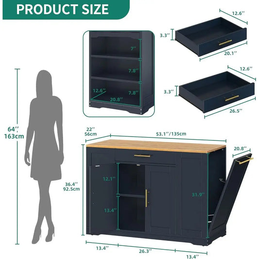 53 inch Large Rolling Kitchen Island with Trash Can Storage Cabinet, Portable Mobile Islands Table Movable w Wheels