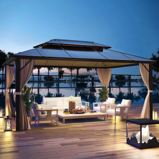12x16ft Hardtop Gazebo, Double Roof Aluminum Frame with Curtains for Outdoor Patio Cover