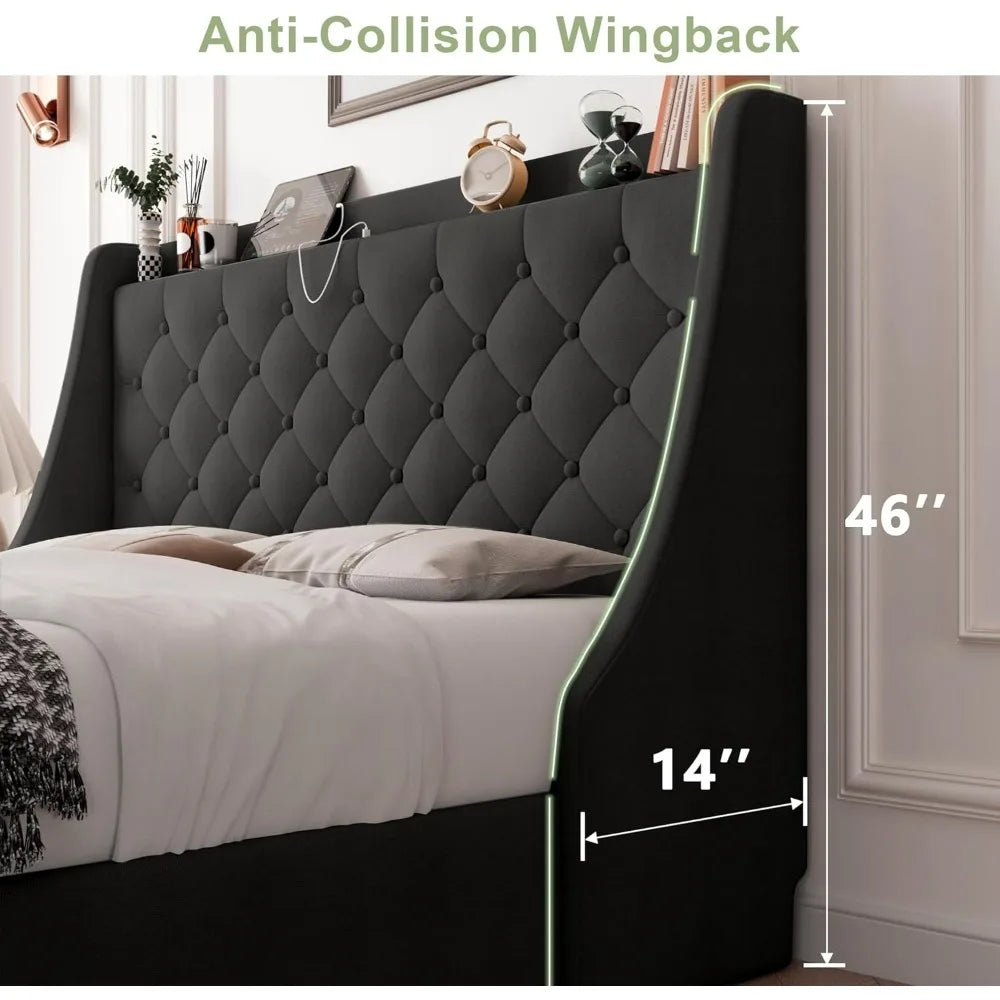 "black full-size bed with wingback headboard and storage drawers"