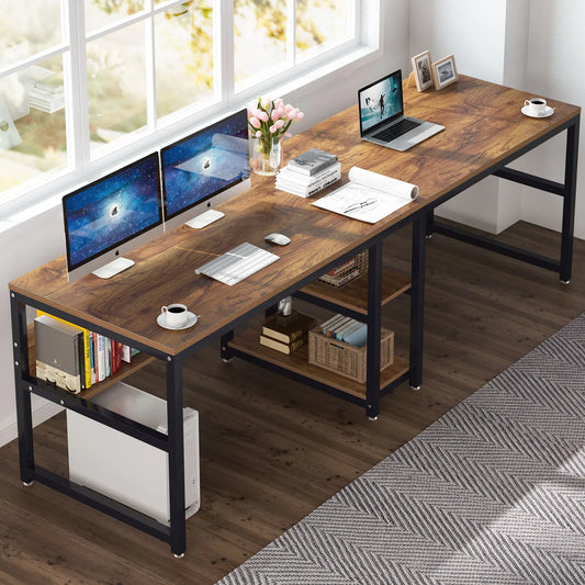 Two Person Desk with Bookshelf, Computer Office Double Desk for Two Person, Rustic Writing Desk Workstation