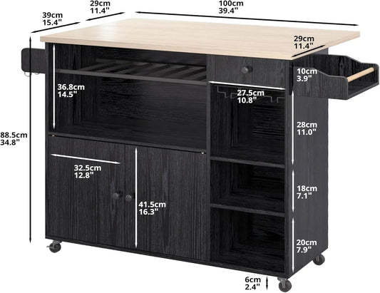 Rolling Kitchen Island Cart with Drop-Leaf and Wine Rack, Serving Cart on Wheels with Drawer & Shelves