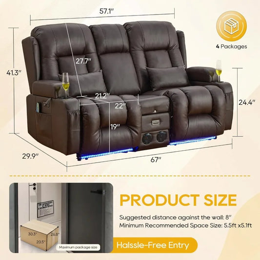 67" Power Reclining Loveseat Sofa, Theater Seating with Console, Ambient Lighting/Bluetooth Speakers/USB