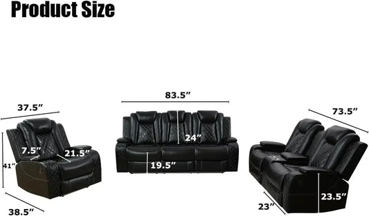 Hot sales, Power Recliner Sofa Set, Black Leather 3 Pieces Sectional Couch, Living Room Furniture Sets with Power