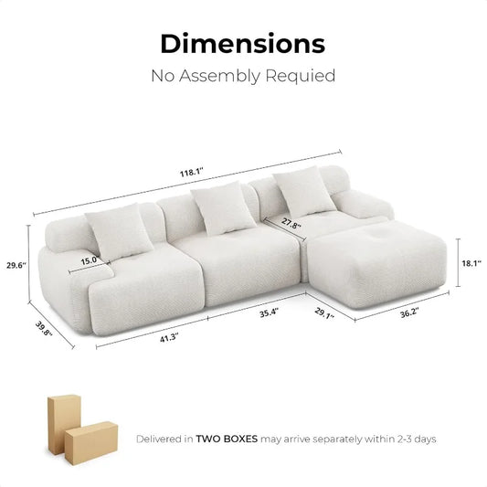 118" L-Shaped Modular Sectional Sofa , Corduroy Upholstery Beige, Oversized 3-Seater Couch