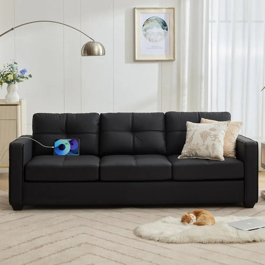 88" W Faux Leather Sofa – for Living Room, Comfy Small Loveseat with USB Port & Wide Armrests