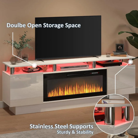 Fireplace TV Stand with 36" Electric Fireplace, 70" LED Light Entertainment Center with Storage,2 Tier Modern Wood Media TV Console