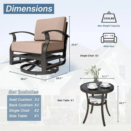3 Pieces Patio Furniture Set, Outdoor Aluminum Swivel Gliders , Rocking Chairs with Tempered Glass Side Table