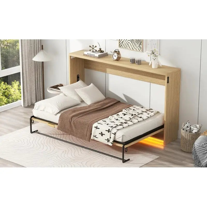 Twin XL Murphy Bed with LED Light, Folds into Cabinet, Natural Finish