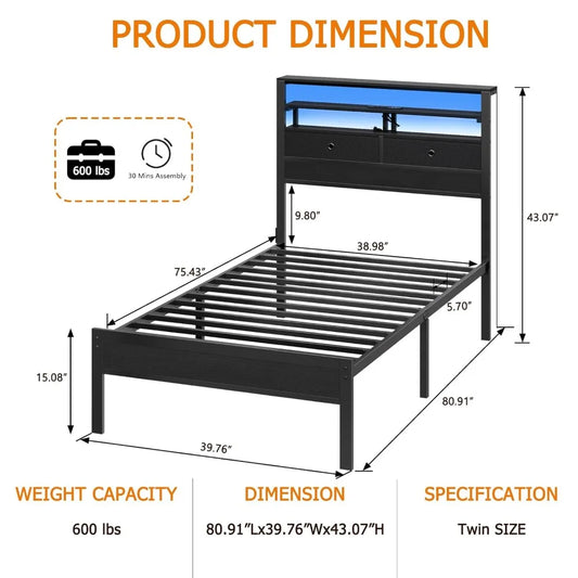 Bed Frames with Charging Station and LED Lights, Wood Headboard with 2 Fabric Drawers and Storage Shelves,,