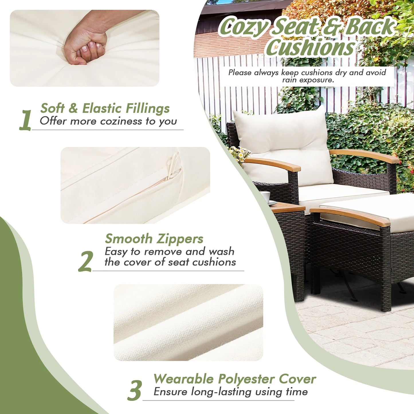 5PCS Patio Rattan Furniture Set, Sofa Ottoman Cushioned, Table W/Wood Top