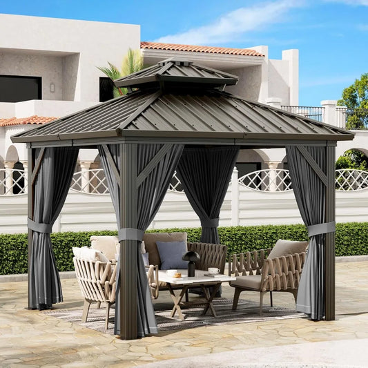 10x10ft Outdoor Gazebo with Aluminum Frame, Double Roof, Curtain & Netting for Patio Garden