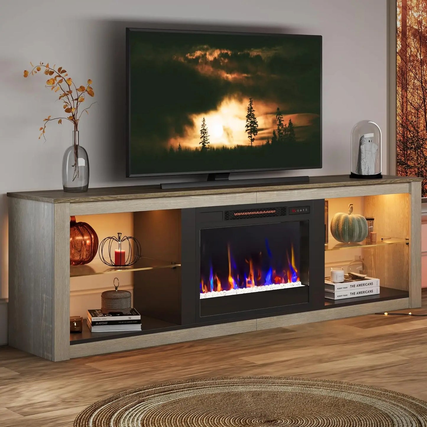 Fireplace TV Stand for 75 inch TV with 23 inch Electric Fireplace, 70 inch Entertainment Center with LED Light