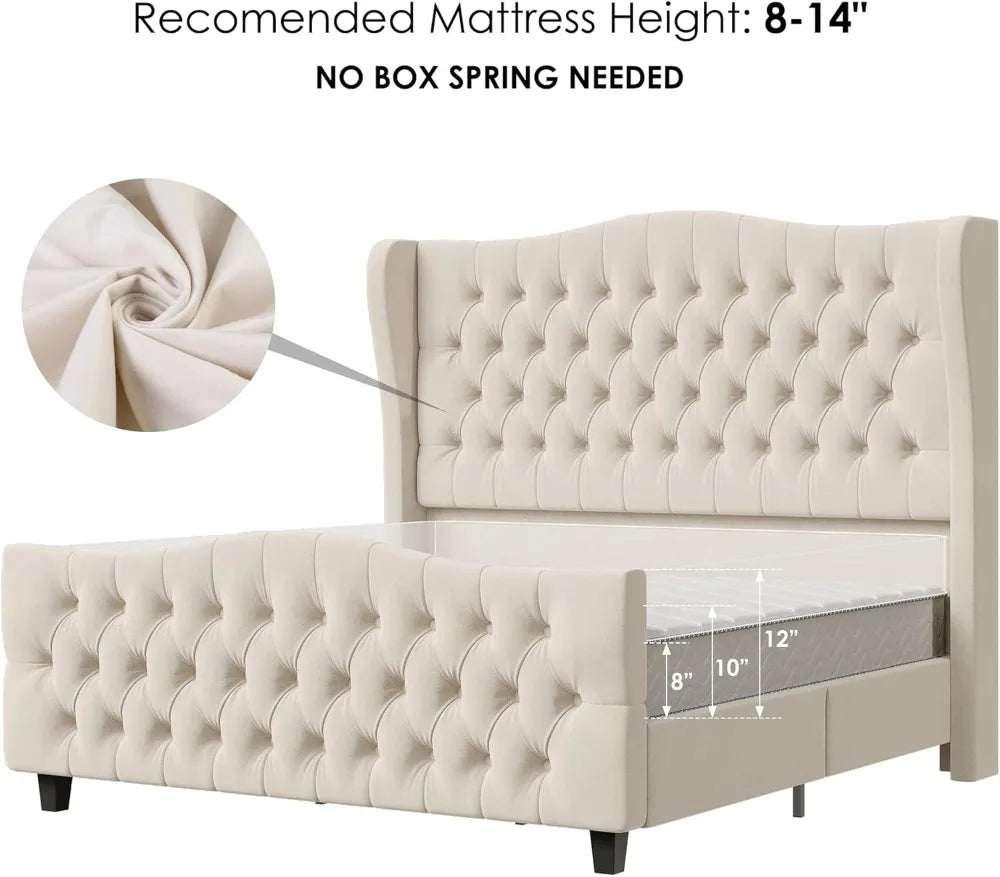 Full Size Platform Bed Frame with Tufted Wingback Headboard, Velvet Upholstered, No Box Spring Needed