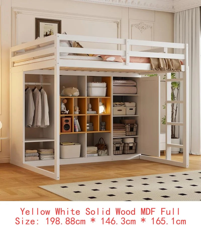 Full-Size Wood Loft Bed with Wardrobe, Shelves, and Storage Cabinet, Gray and Pink