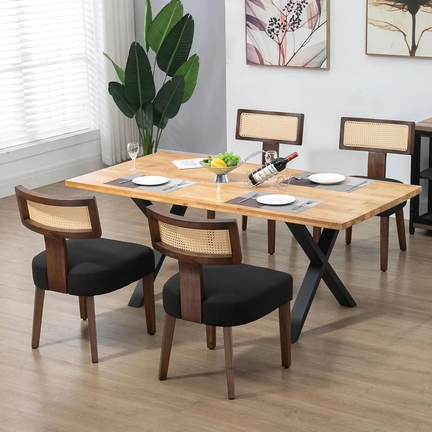 4-Pack Mid-Century Rattan Dining Chairs, Fabric Upholstered, Curved Back & Armless