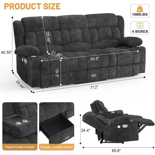 Loveseat, Recliner Sofa, Flip Middle Backrest Design, with Storage Drawer, USB Ports & Cup Holders, Manual C