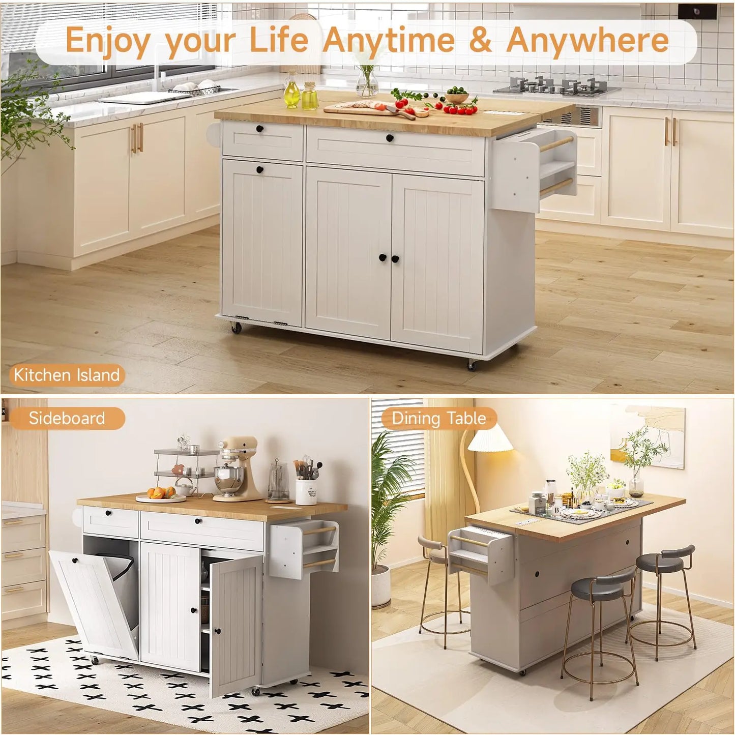 60" Mobile Kitchen Islands Rolling Trolleys Kitchen Island, Table Drop Leaf Carts, Spice Towel Rack Trash