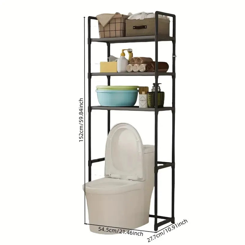 Metal Bathroom Rack | Over Toilet Storage Shelf, No Drilling, Freestanding, Organizer with Black Frame