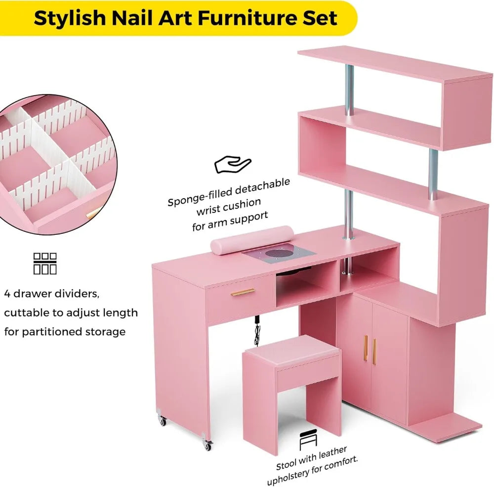 L-Shaped Nail Desk with Dust Collector, Rotating Workstation, Storage Shelves & Stool (Pink)