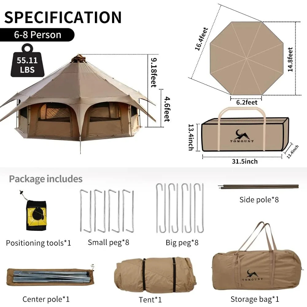 Family Camping Bell Tent 16.4ft High with 9.2ft Diameter, Removable Floor and Stove Jack