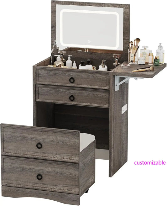 NEW 3-in-1 Vanity Set with LED Lighted Flip Top Mirror, Makeup Table with Fold-Up Panel, Hidden Stool, Charging Station